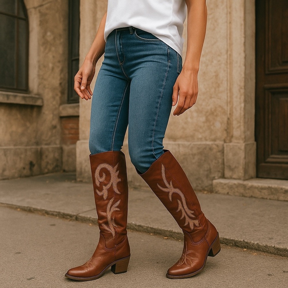 Stylish Brown Embroidered Heeled Boots